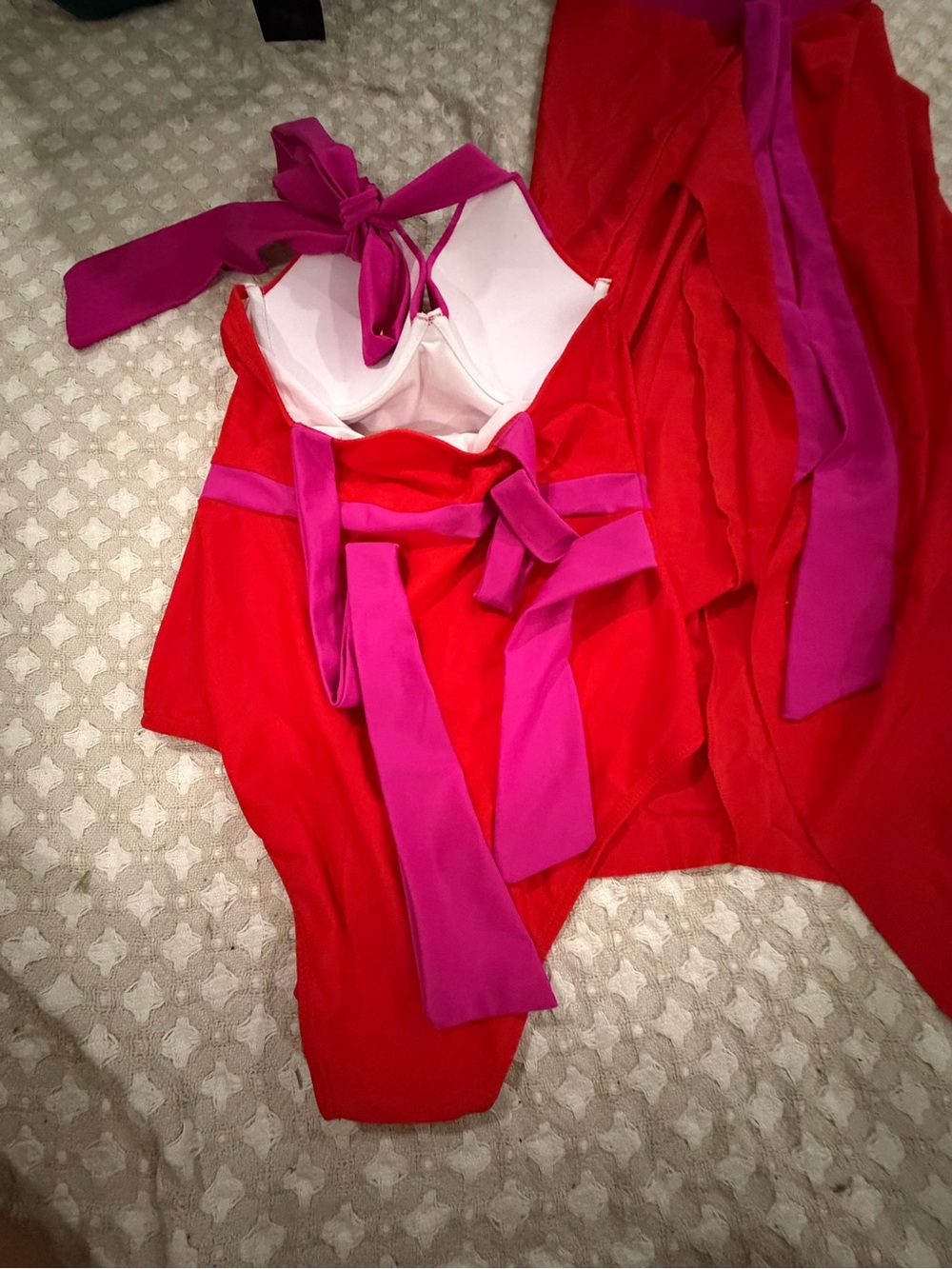 SHEIN Red One-Piece Swimsuit and sarong with Pink Tie Accents
